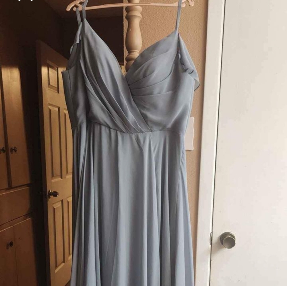 Brand new, never worn or altered, dusty blue bridesmaid gown